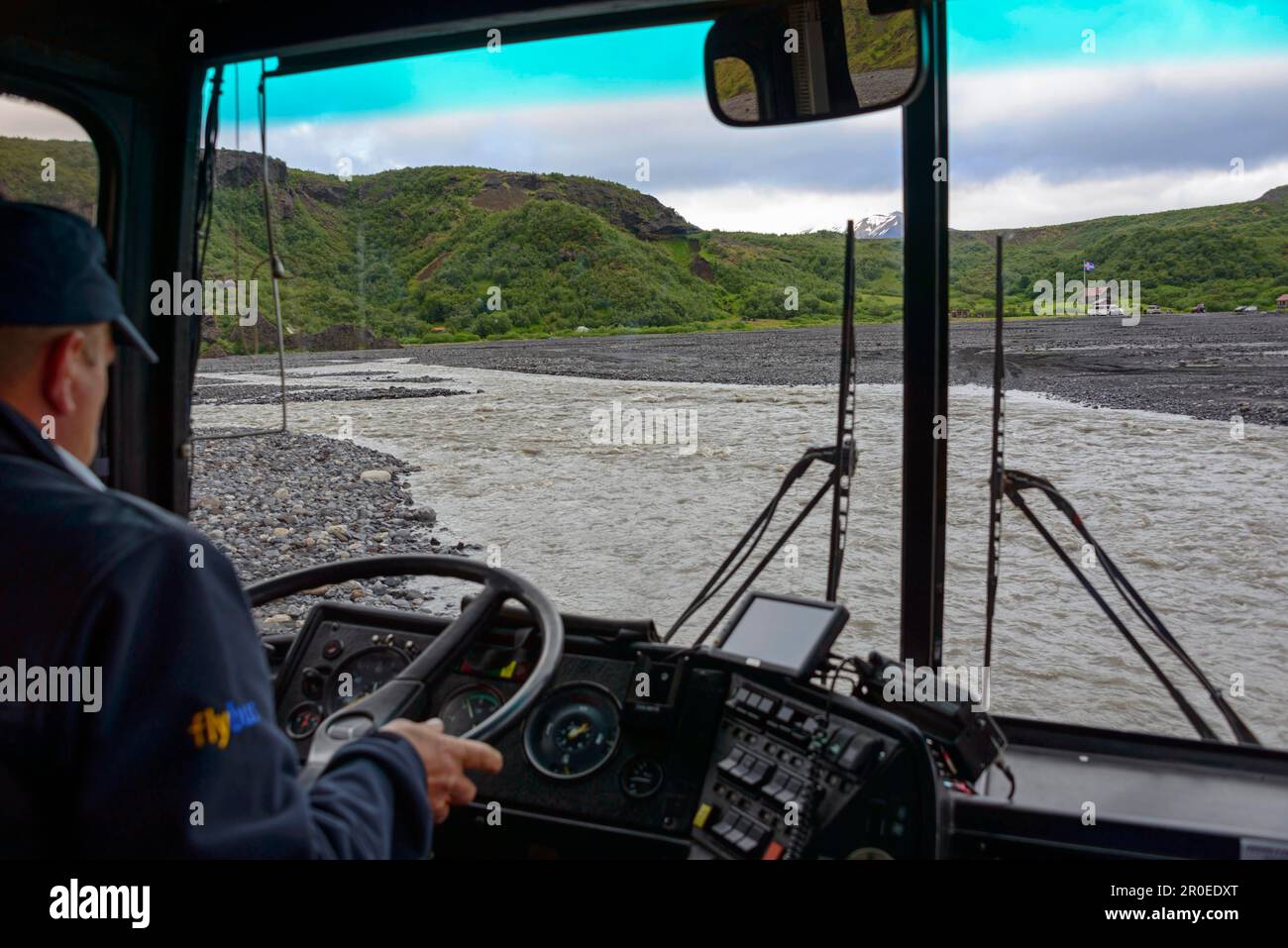 Bus, Krossa River, Porsmork, Iceland, Porsmoerk Stock Photo