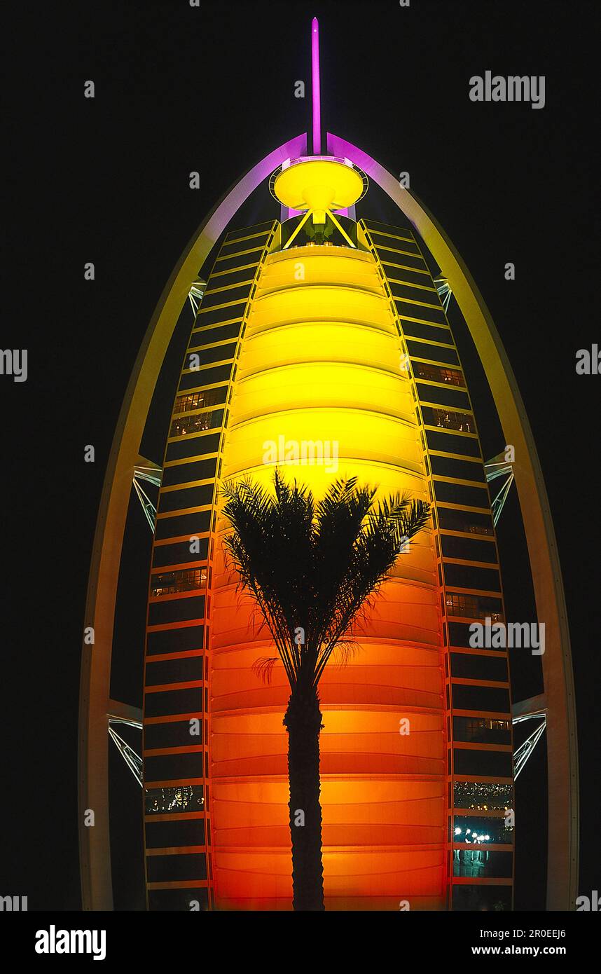 Illuminated tower of Hotel Burj al Arab, Chicago Beach Resort, Dubai, United Arab Emirates Stock Photo