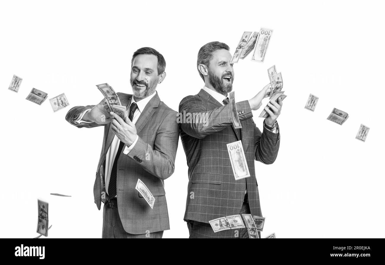 happy millionaire men hold money isolated on white background ...