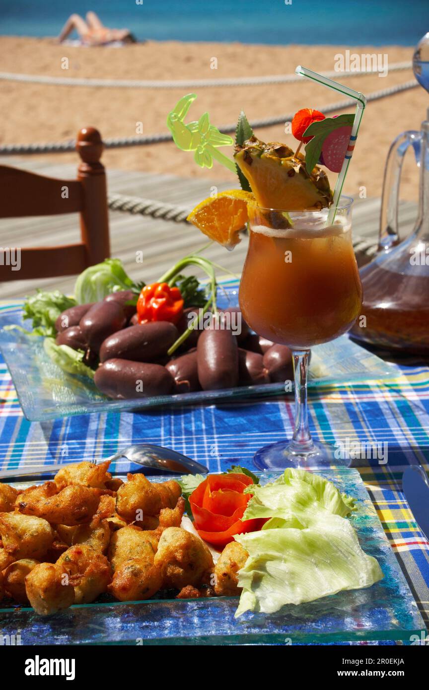 Starter le Boudin creole Sausage, Les acas de momel, Le Karacoli Restaurant, Grande-Anse, Deshaies Stock Photo