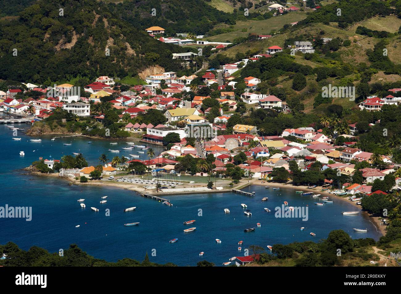 Aerial View of Terre-de-Haute with harbour and bay, Les Saintes Islands, Guadeloupe, Caribbean Sea, America Stock Photo