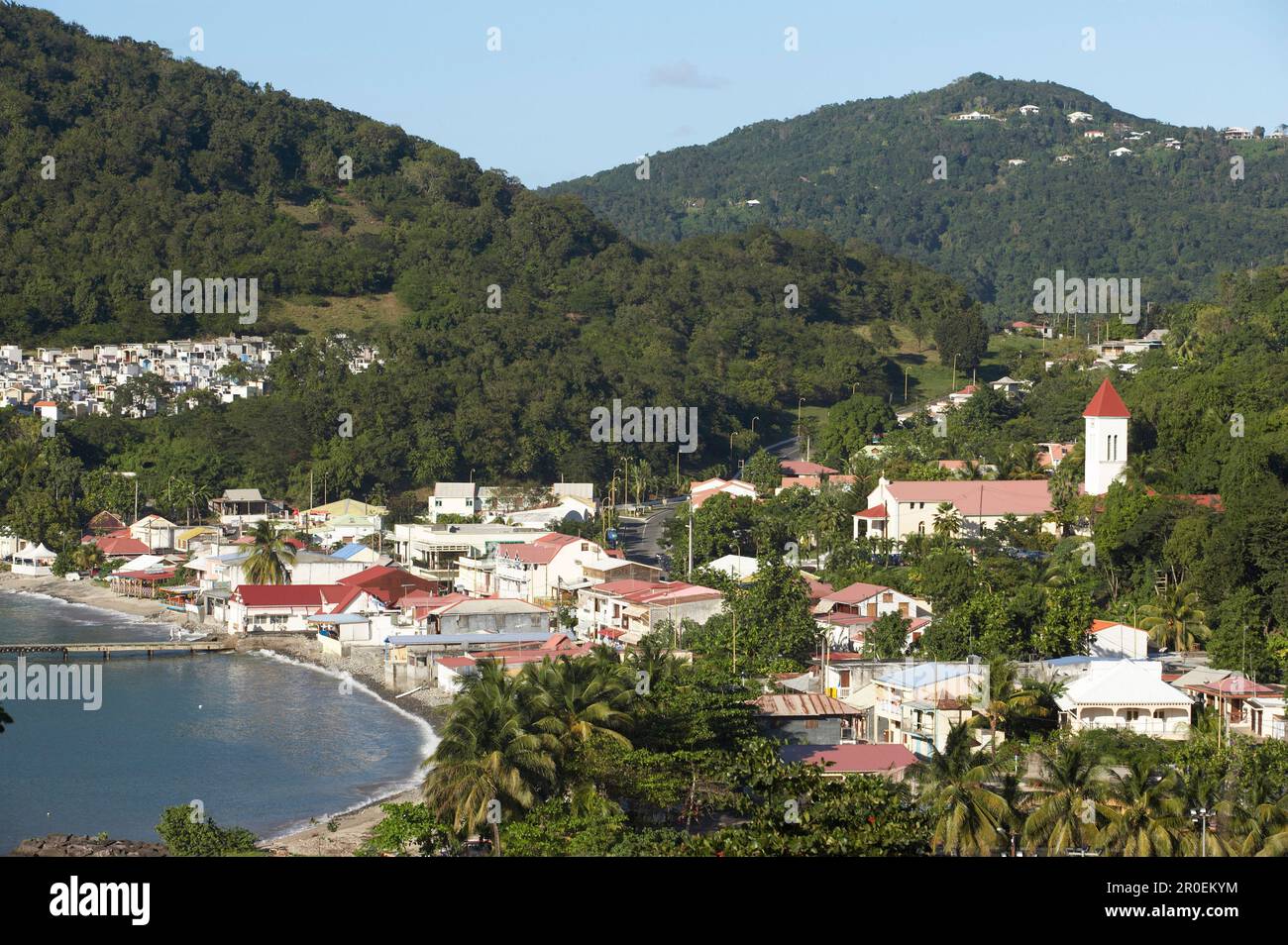 Aerial view of the harbour of Deshaies, Basse-Terre, Guadeloupe, Caribbean, America Stock Photo
