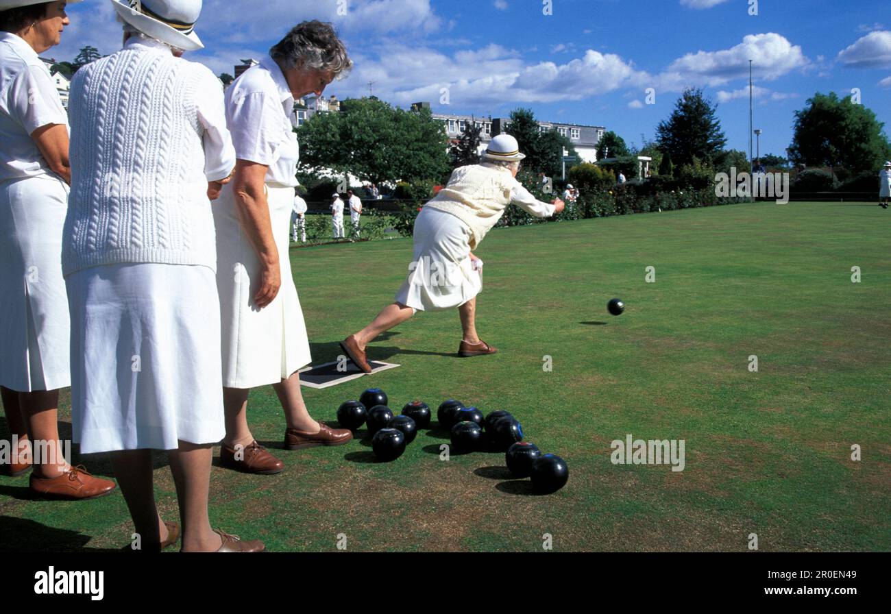 Old women bowling, Bowling Club, Torquay, Devon, England, Great Britain, Europe Stock Photo
