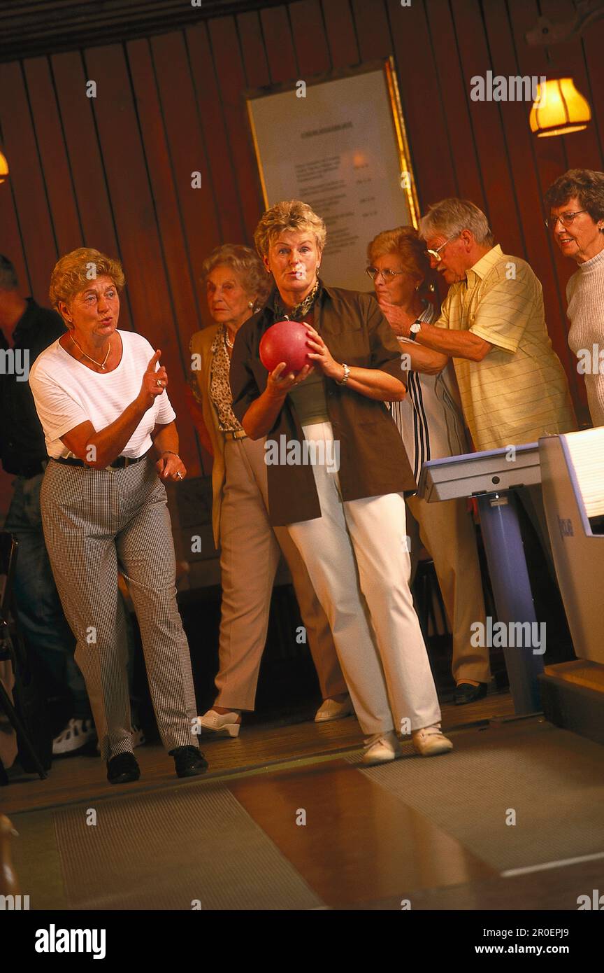 Bowling, Older Lady, Senior citizen People Stock Photo