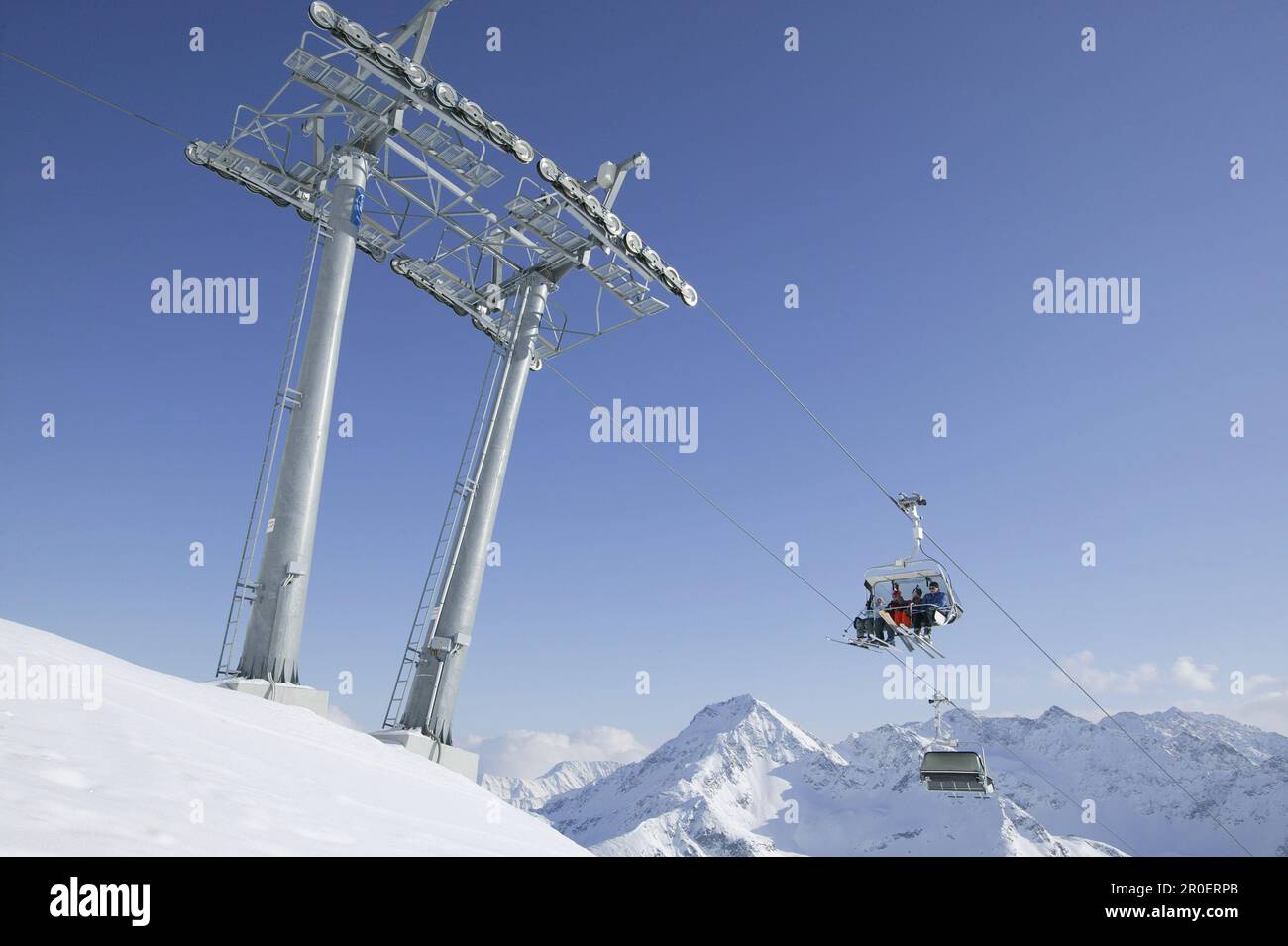 Skiers in chair lift, Kuhtai, Tyrol, Austria Stock Photo