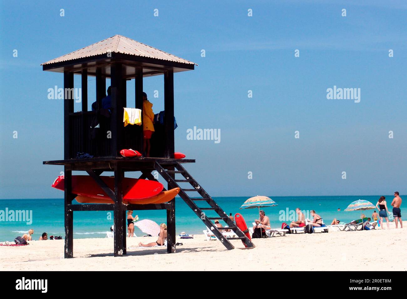 People and life guard hut on the beach, Jumeirah Beach Park, Dubai, UAE, United Arab Emirates, Middle East, Asia Stock Photo
