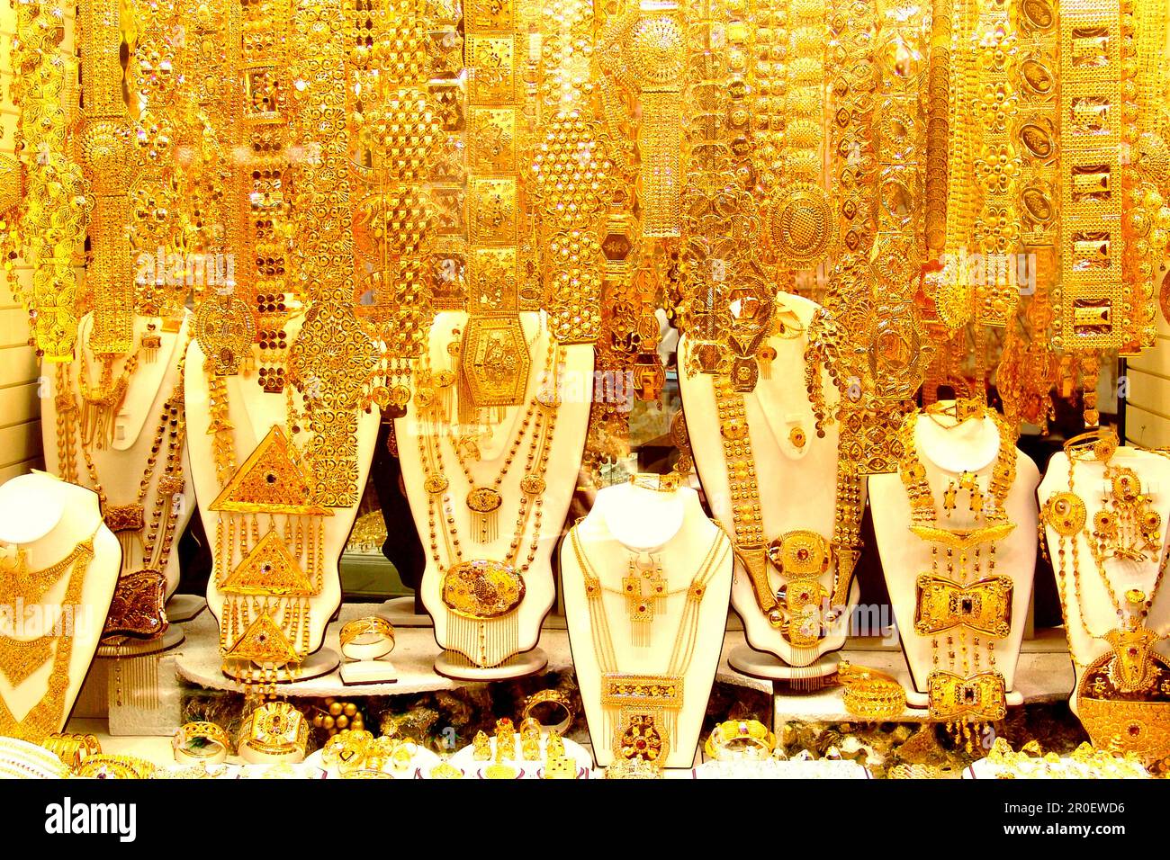 Golden jewellery at a souk at Deira, Dubai, UAE, United Arab Emirates ...