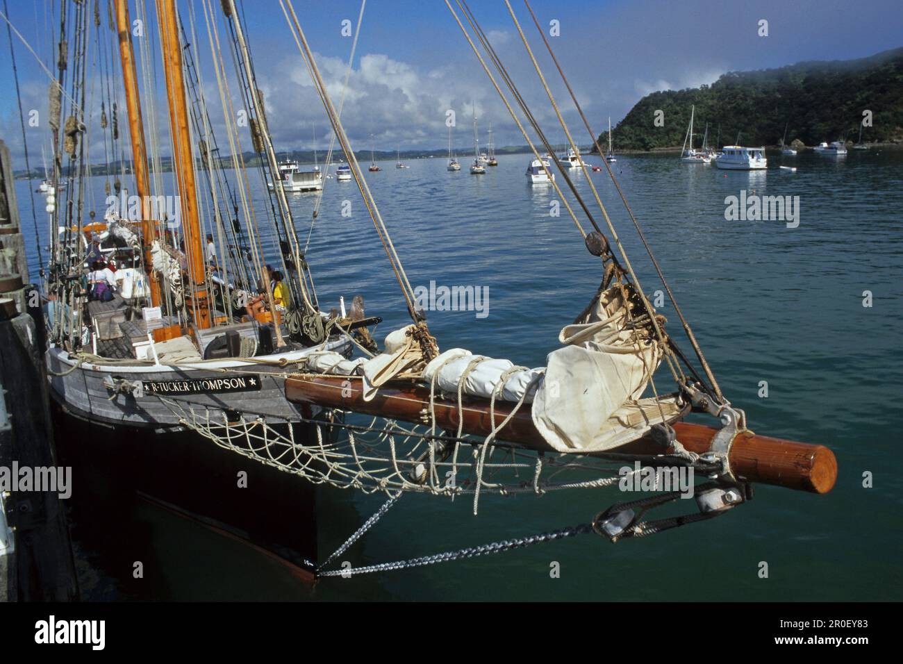 Sailing boat Tucker Thompson in a bay, Bay of Islands, North Island