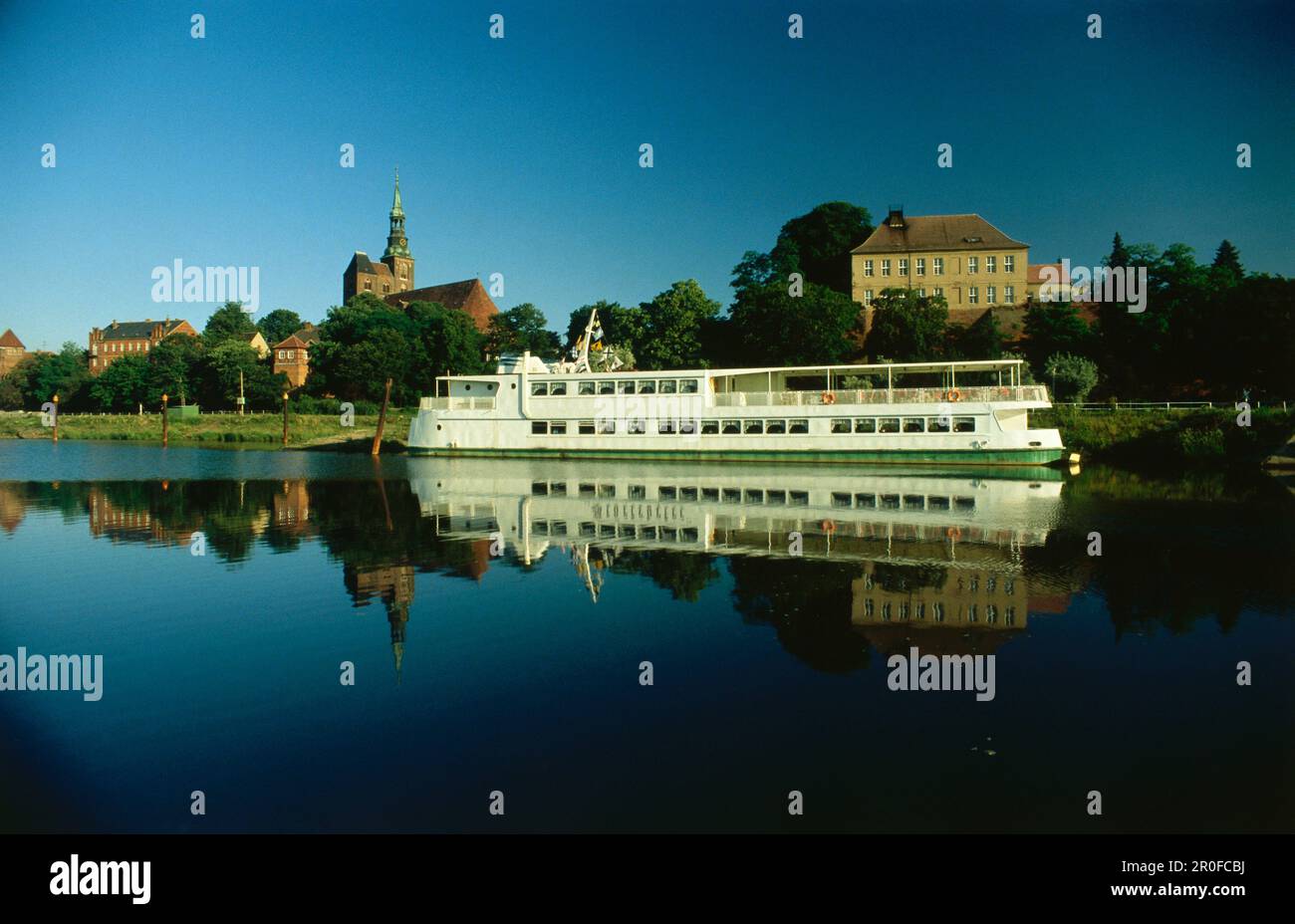 View over River Elbe with excursion boat to Tangermunde, Altmark, Saxony-Anhalt, Germany Stock Photo