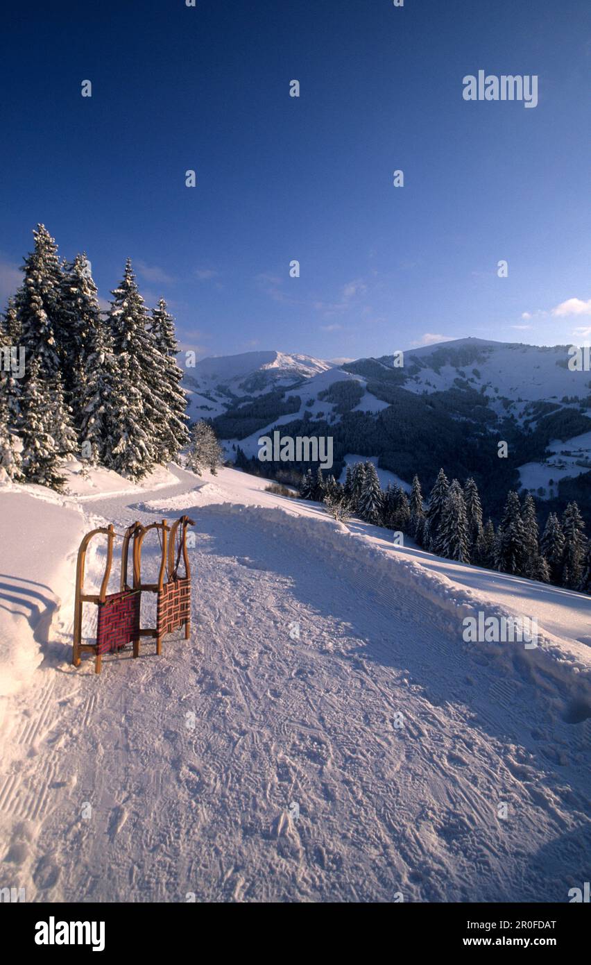 Tobogganrun in winter landscape with two sledges, Natrun, Maria Alm