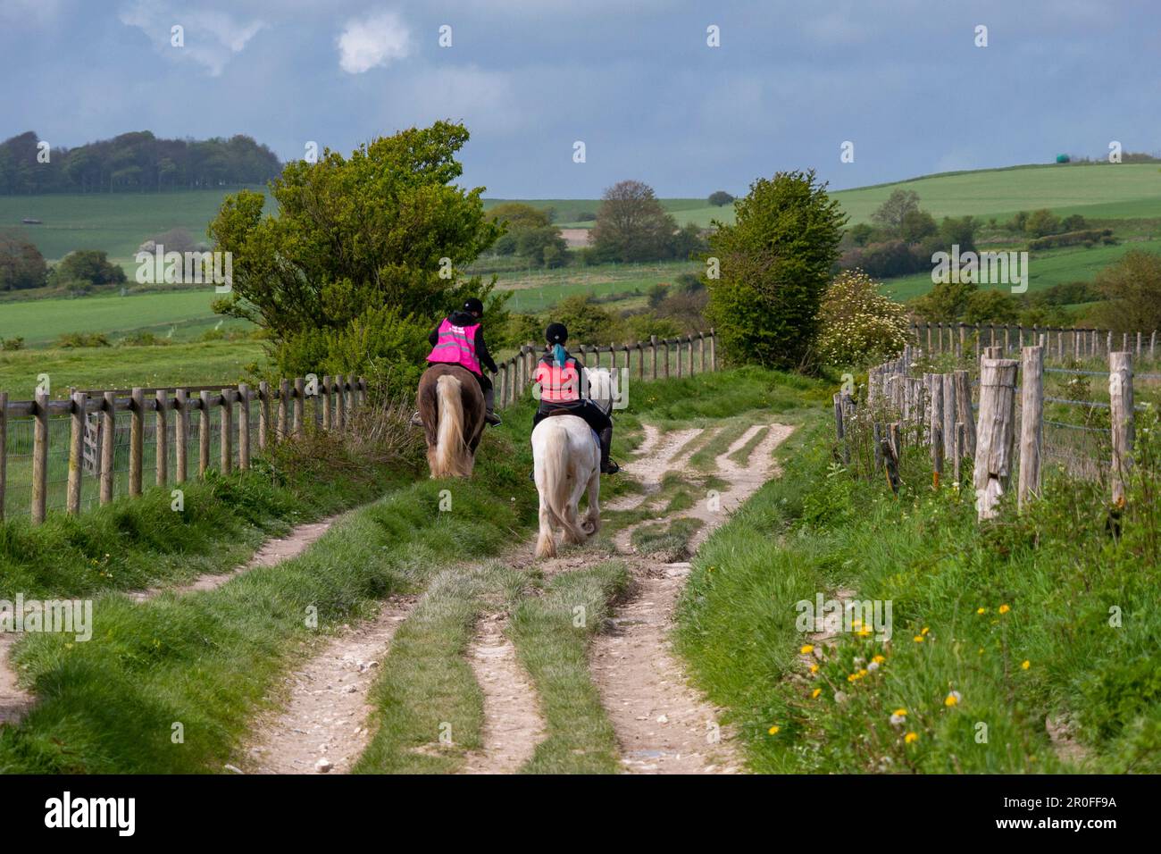 Two horse riders in the South Downs National Park, West Sussex, southern England, UK Stock Photo