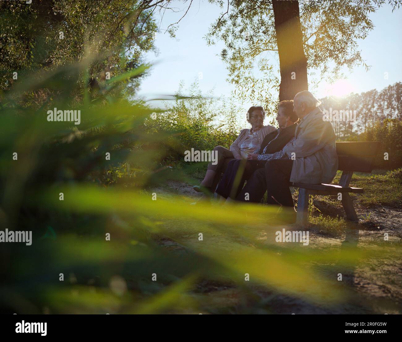 Pensioners sitting on a bench on the riverbanks of the Inn enjoying the evening sun, near Bad Füssing, Bavaria, Germany Stock Photo