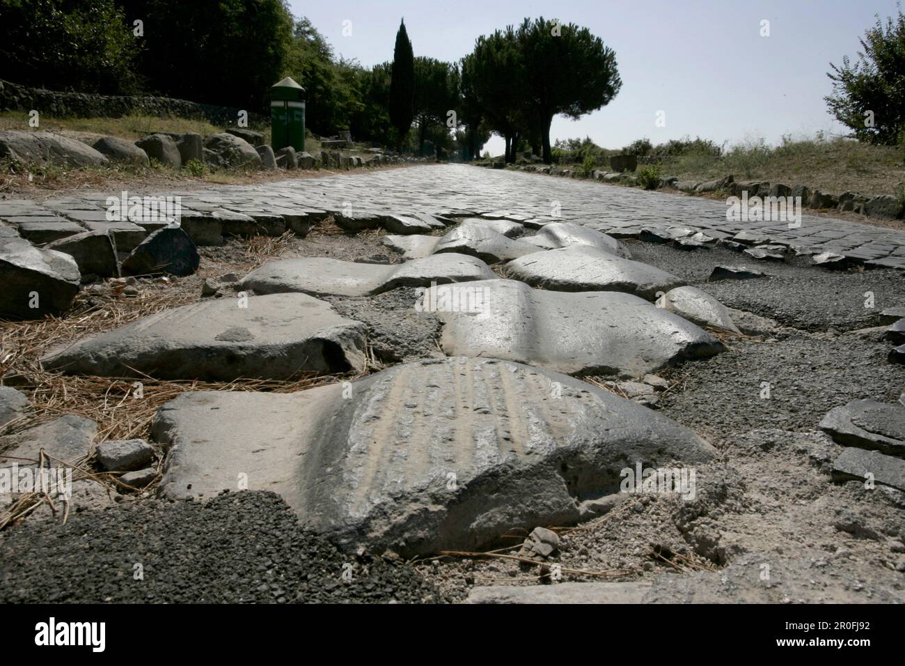 Worn out ancient roman street, Via Appia Antica, Rome, Italy Stock ...