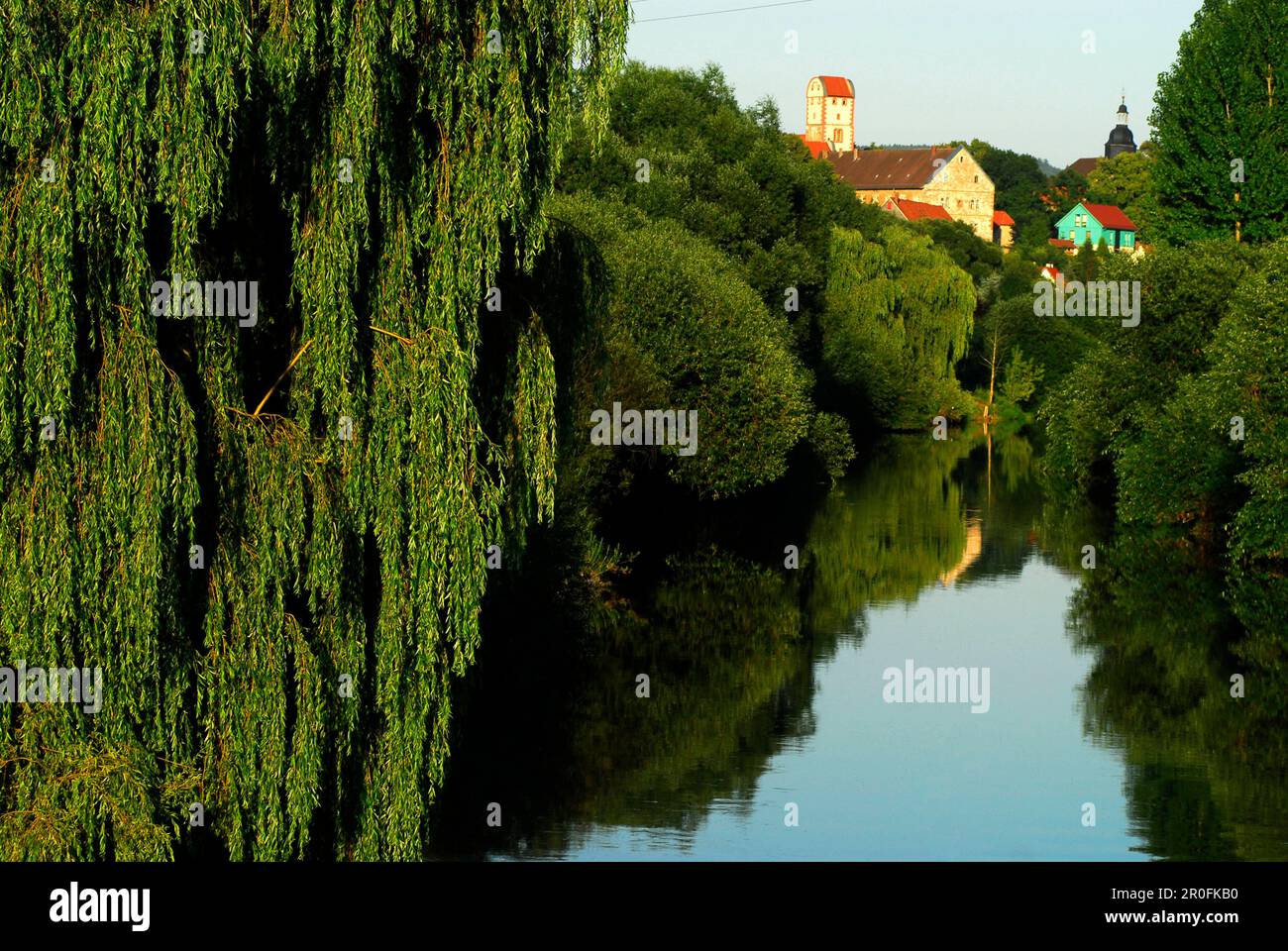 View over river Werra to Breitungen, Thuringia, Germany Stock Photo