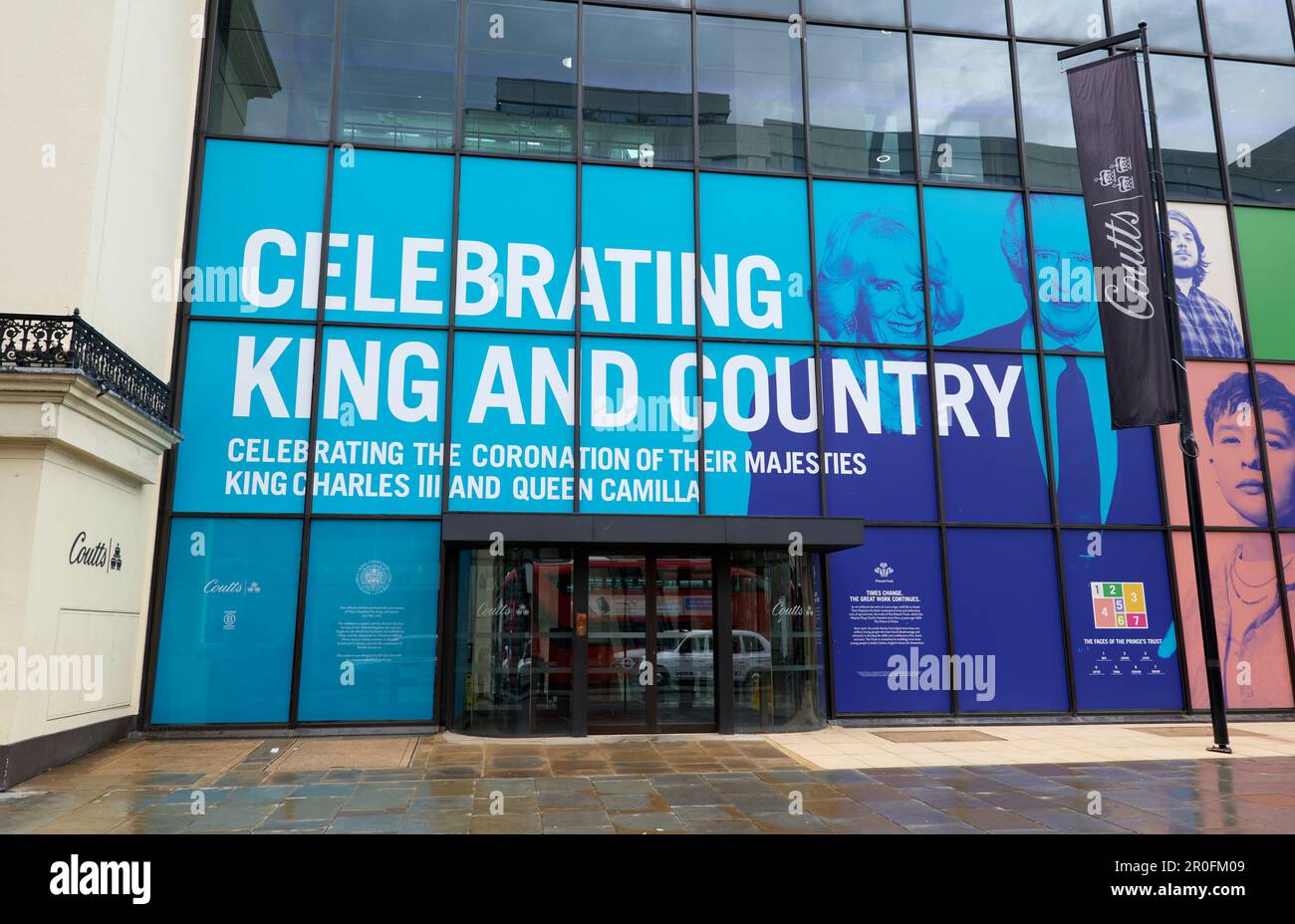 Decoration on frontage of Coutts Bank to mark the coronation of King