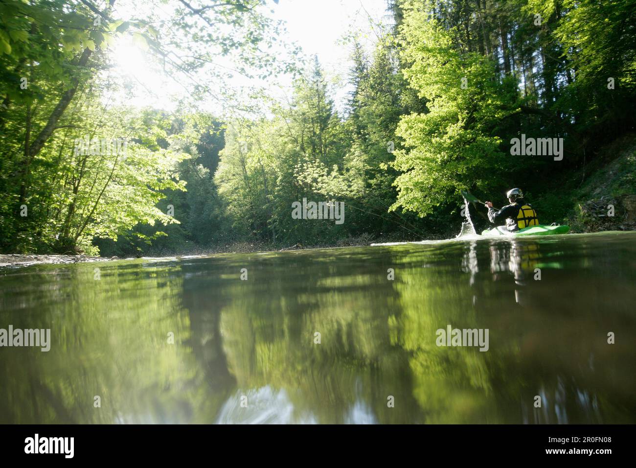 Kayaker on river Mangfall, Upper Bavaria, Bavaria, Germany, MR Stock Photo