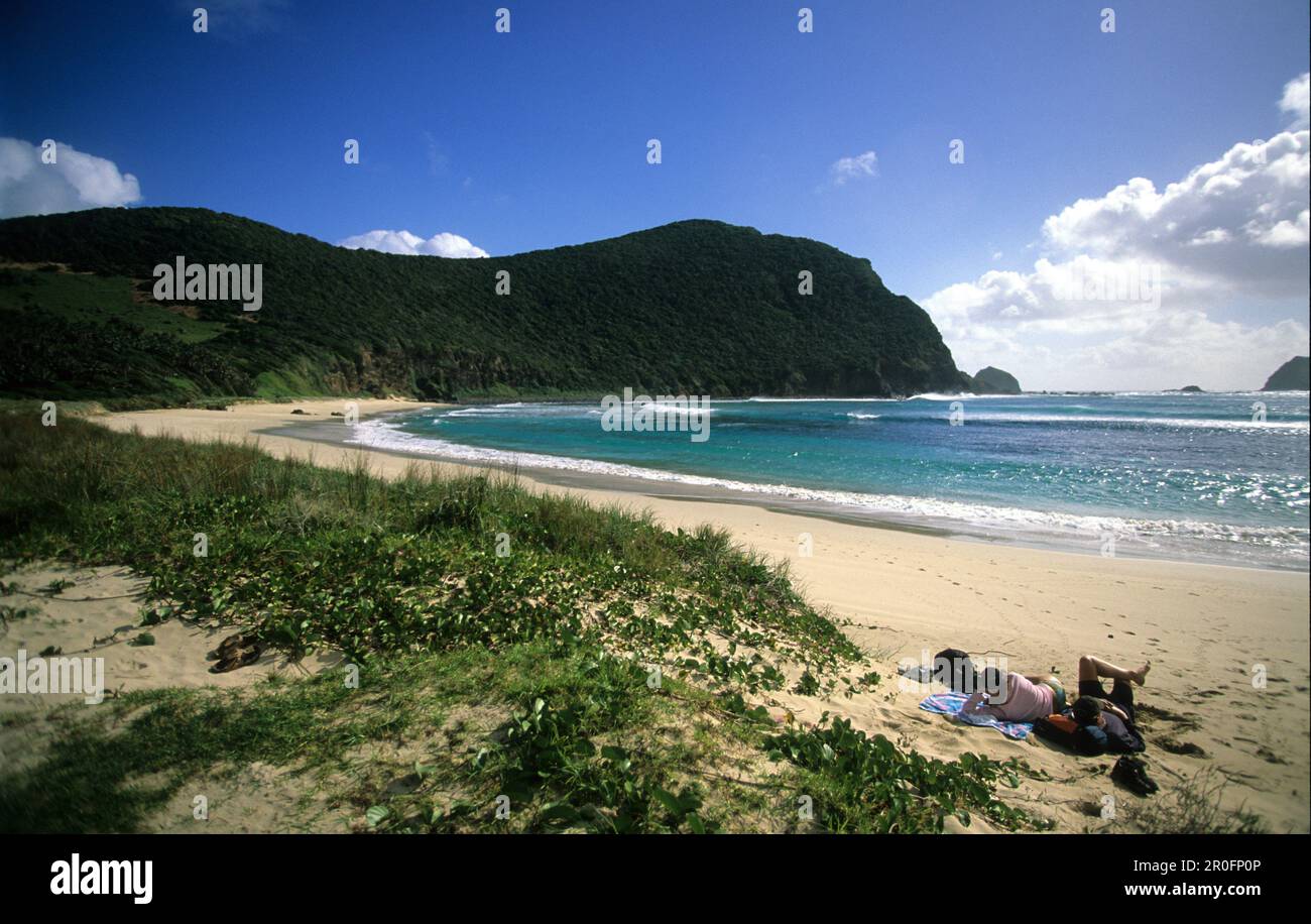 People sunbathing at Neds Beach, Lord Howe Island, Australia Stock