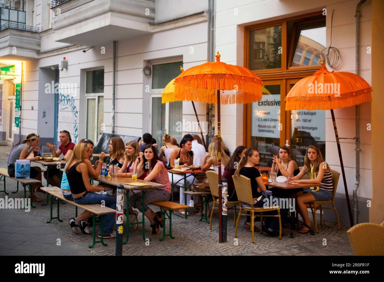 Berlin Friedrichshain,  Simon Dach street, street cafes restaurants bars, young  people Stock Photo