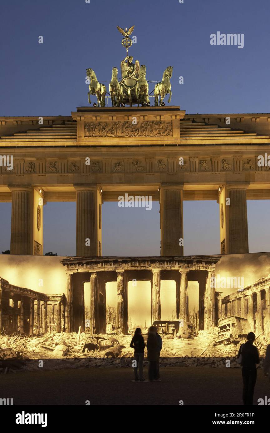 Berlin,  brandeburg gate, poster reminding the end of wolrd war 2 Stock Photo
