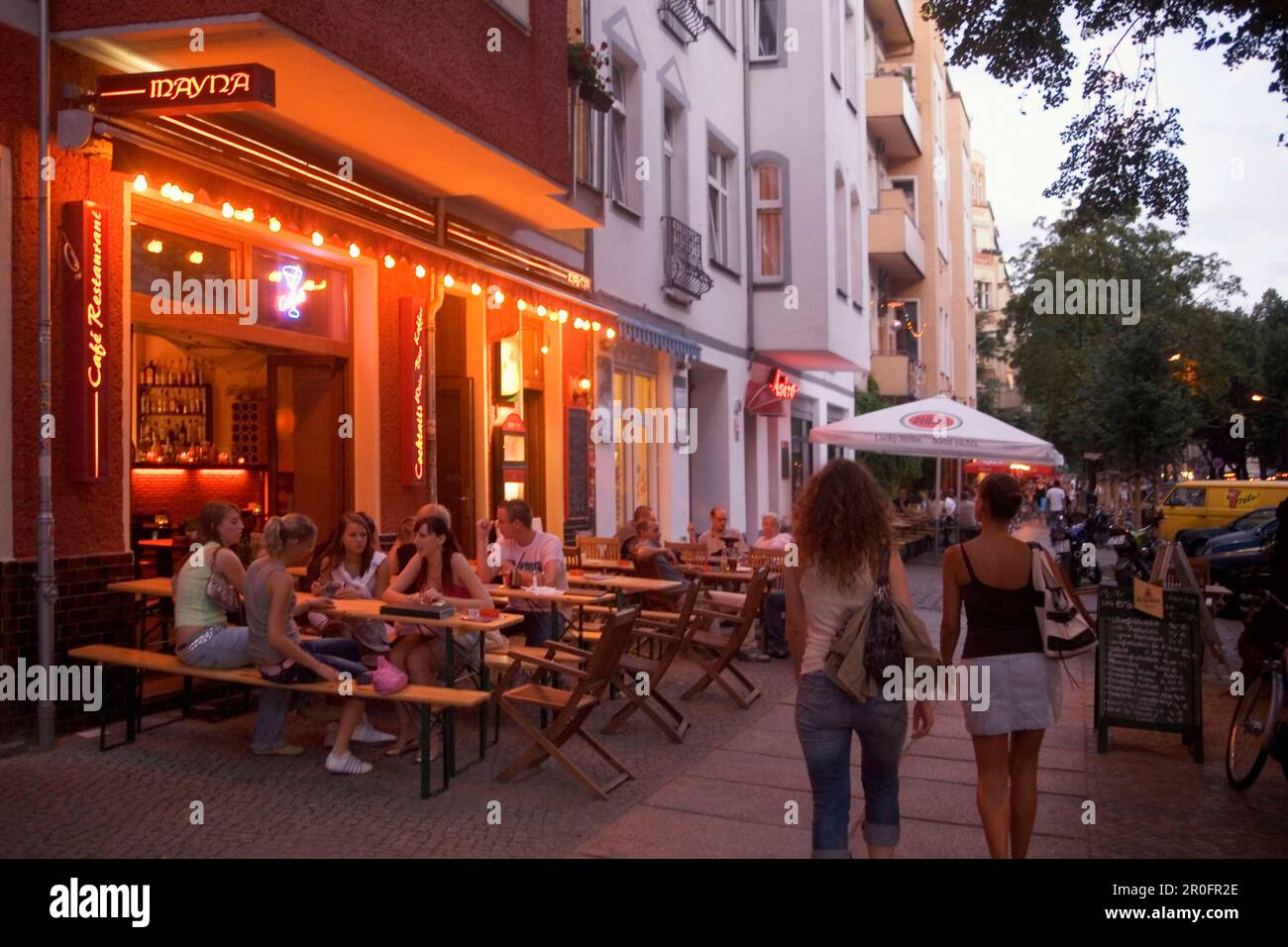 Berlin Friedrichshain,  Simon Dach street, street cafes restaurants bars, young  people Stock Photo