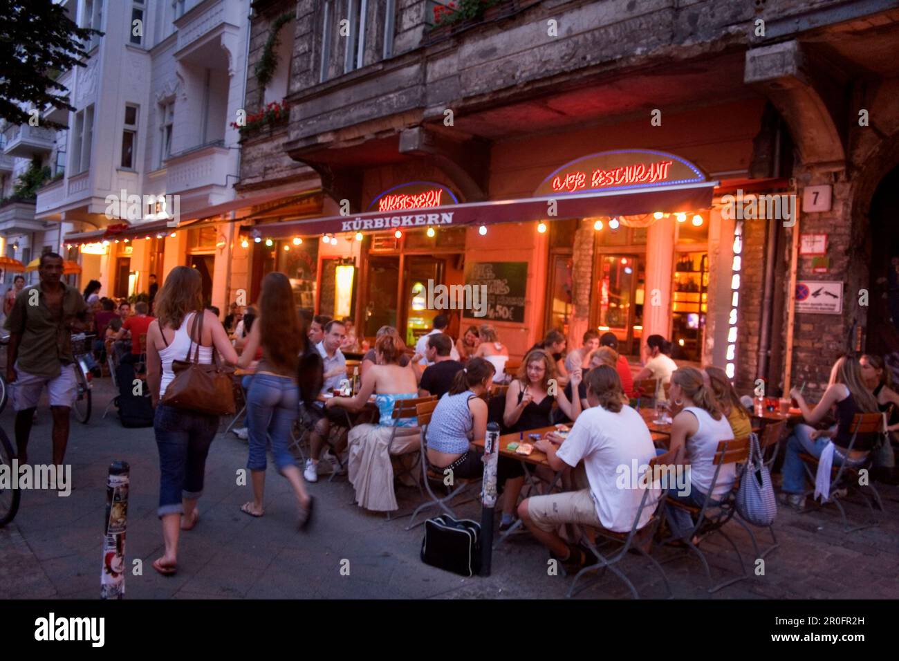 Berlin Friedrichshain,  Simon Dach street, street cafes restaurants bars, young  people Stock Photo
