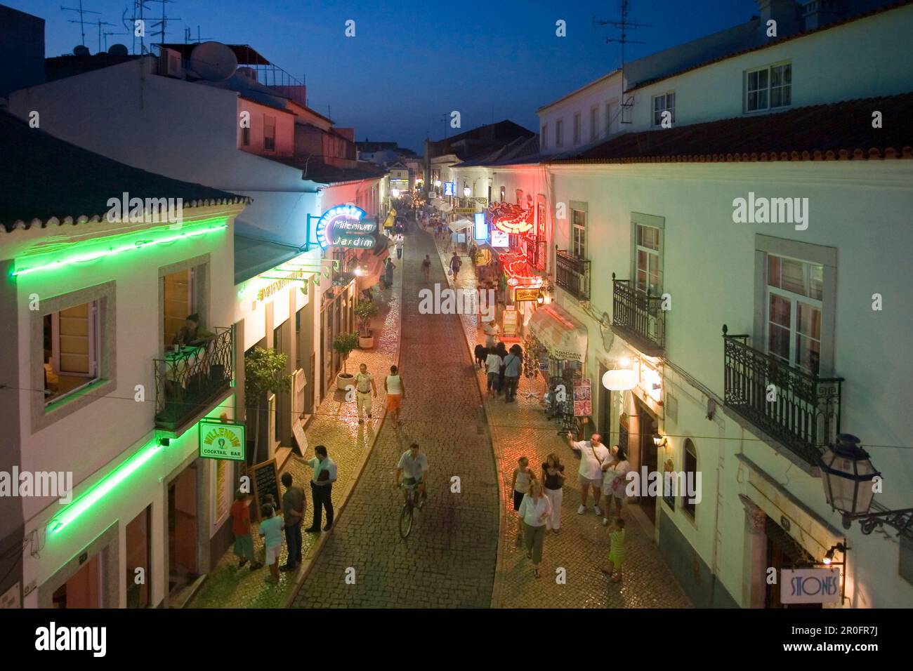Portugal Algarve Lagos main street. nightlife, restaurants, twilight