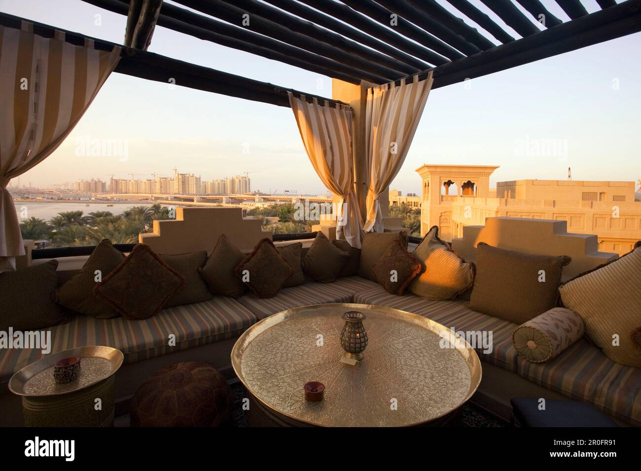 United Arab Emirates Dubai, One & Only Royal Mirage, Arabian court,  five star Hotel at Jumeirah beach  , Rooftop bar, panoramic view to Palm Jumeirah Stock Photo