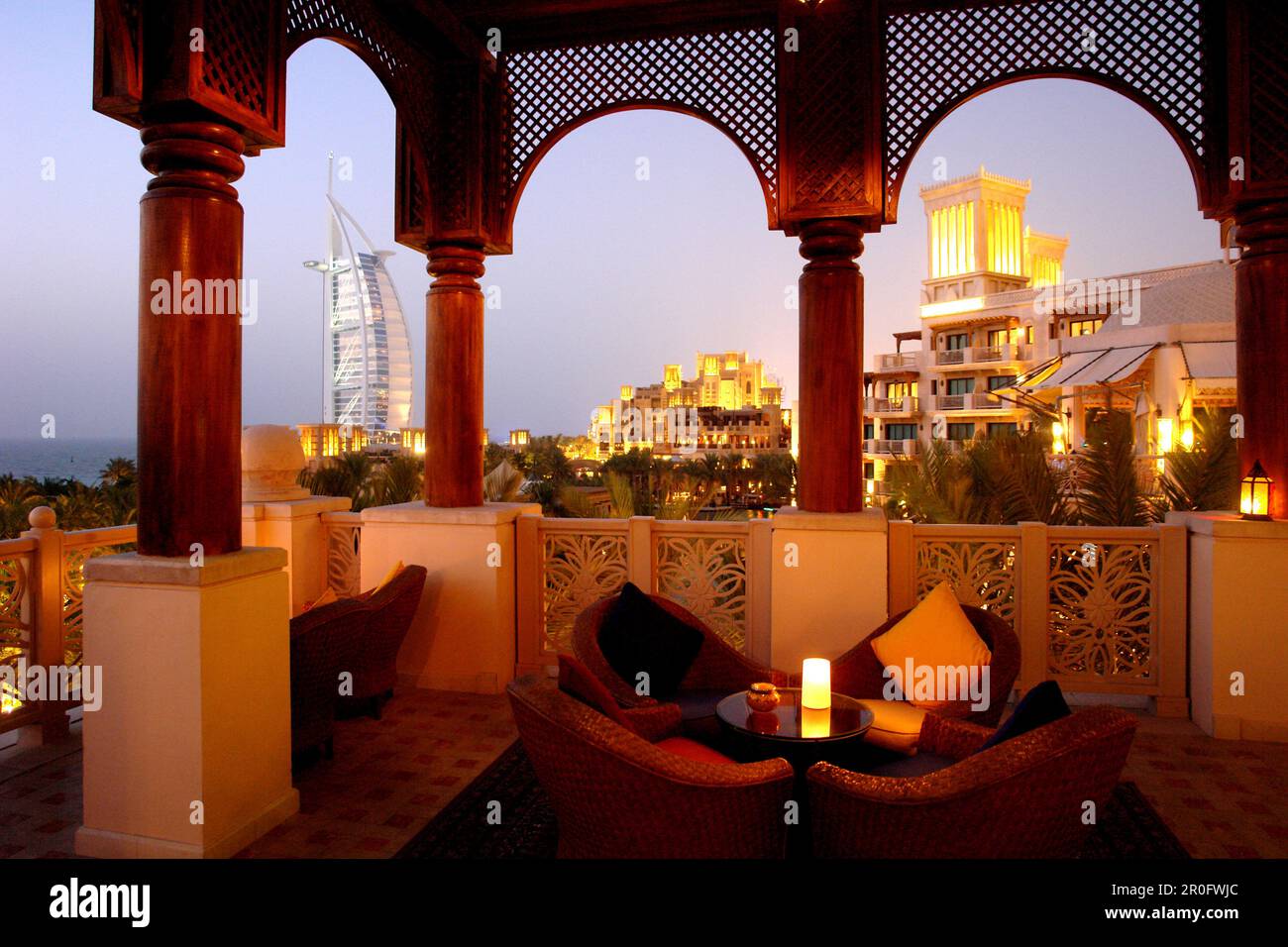 Al Qasr Hotel restaurant, Madinat Jumeirah with Burj al Arab in the background, Dubai, United Arab Emirates, UAE Stock Photo