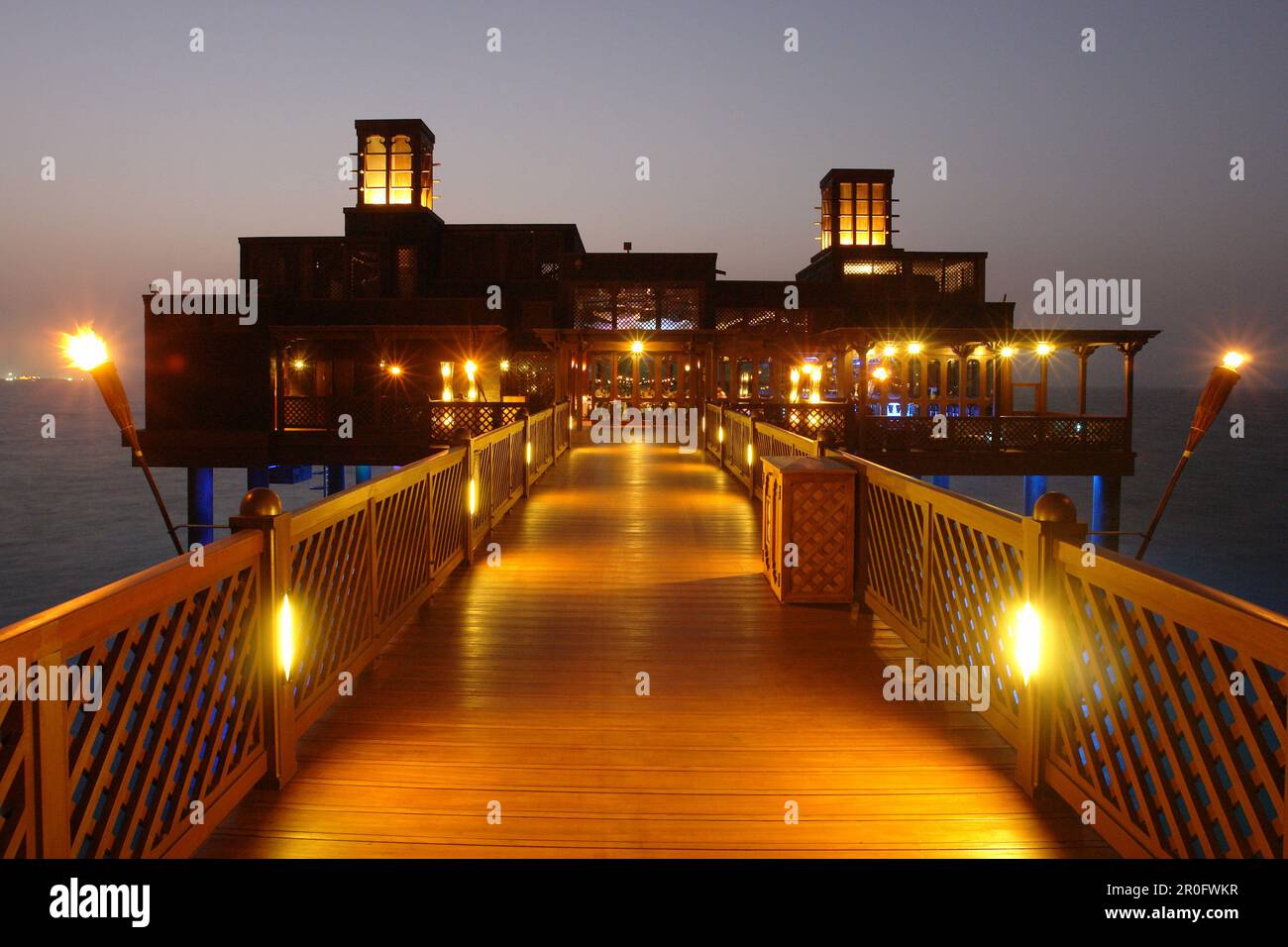 Al Qasr hotel pier restaurant in the evening light, Madinat Jumeirah, Dubai, United Arab Emirates, UAE Stock Photo