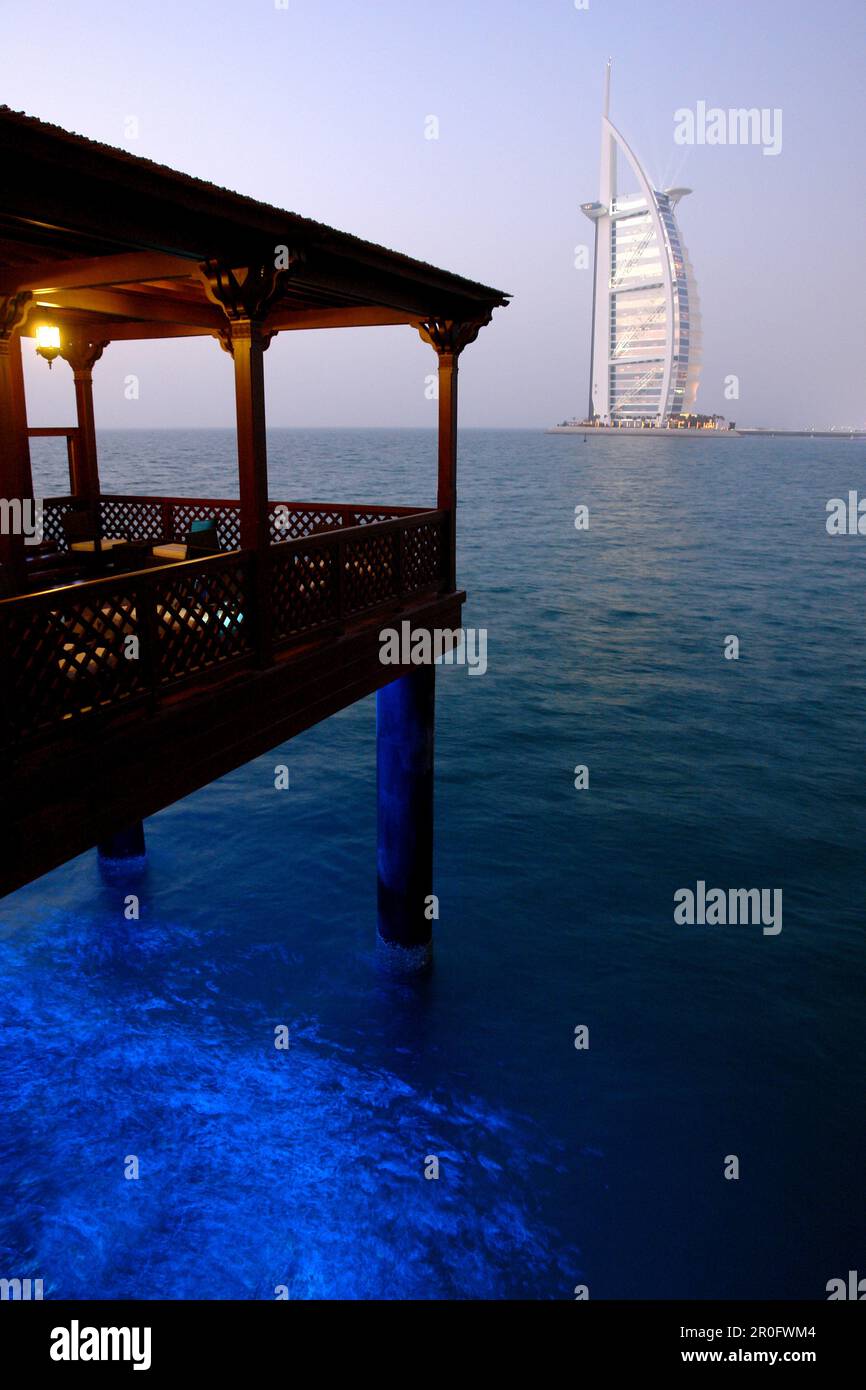Al Qasr Hotel Restaurant, Madinat Jumeirah, Burj al Arab in the background, Dubai, United Arab Emirates, UAE Stock Photo