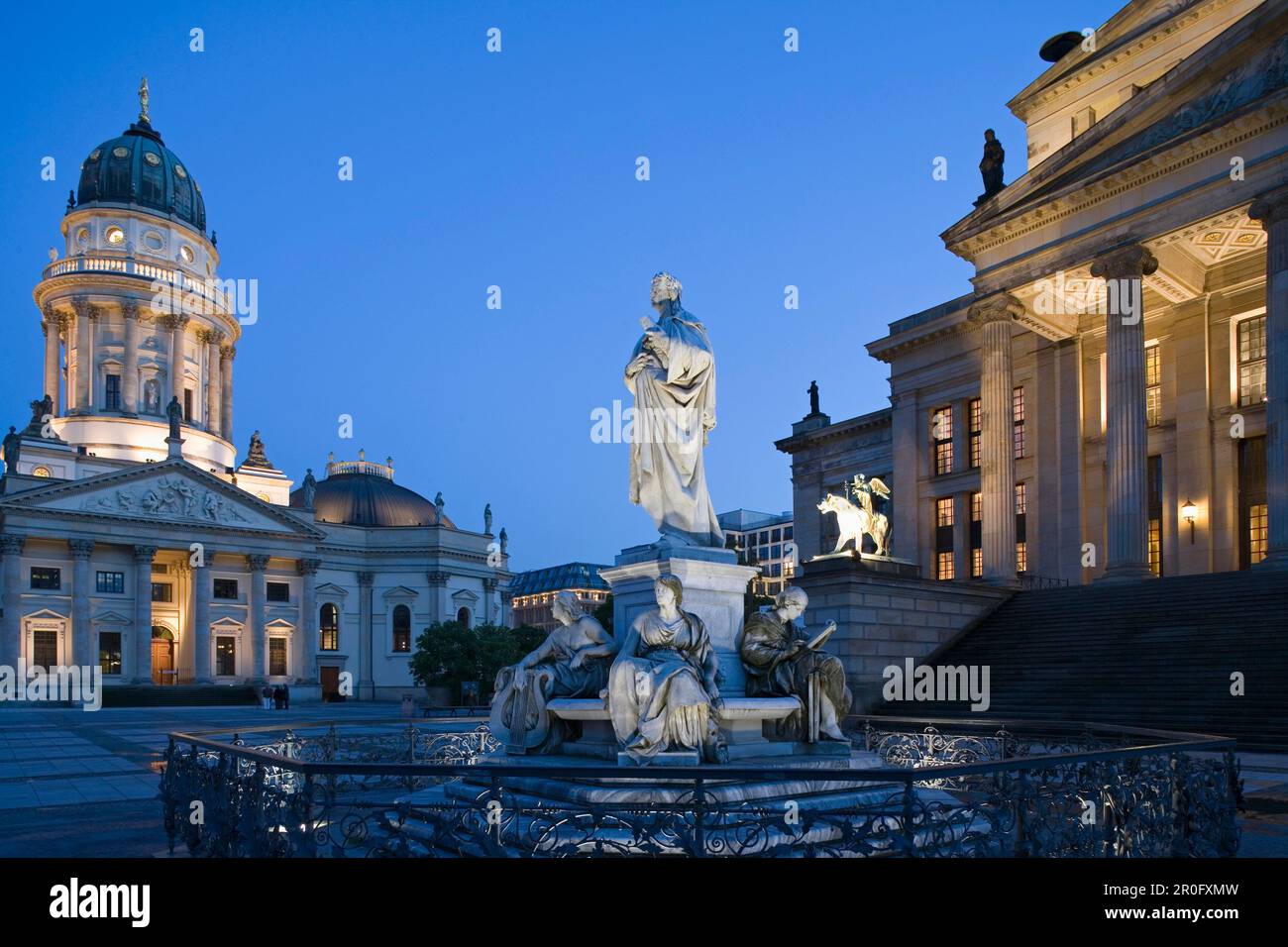 Schiller monument at Gendarmenmarkt, German Cathedrals in background, Berlin, Germany Stock Photo