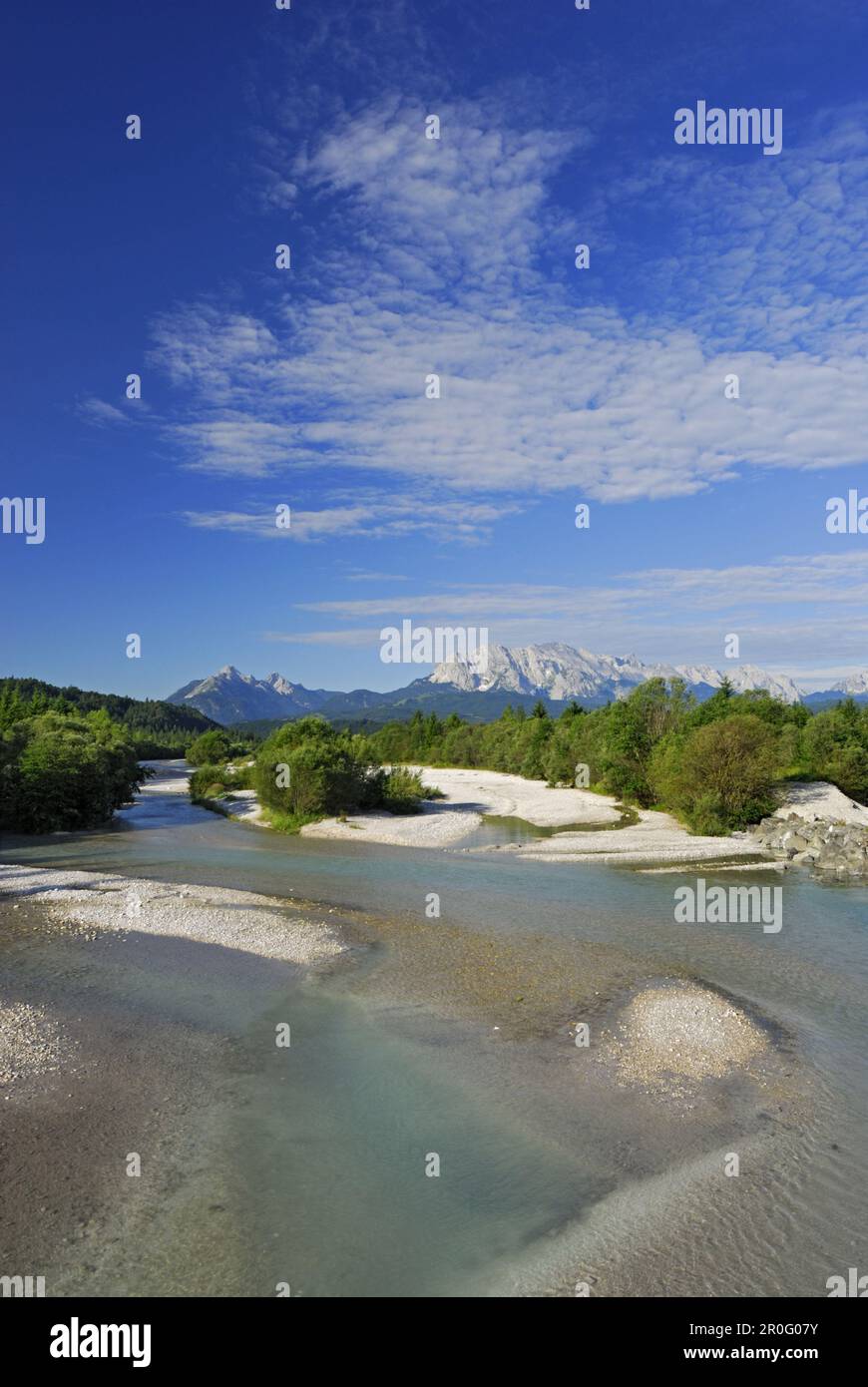 River Isar with Arnspitzen and Wetterstein range, Wallgau, Karwendel range, Bavaria, Germany Stock Photo