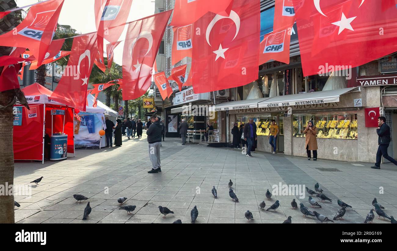 Eyup, Istanbul, Turkey - 07.May.2023: political party booths of CHP, republican people's party and their and Turkish flags hanging around Stock Photo