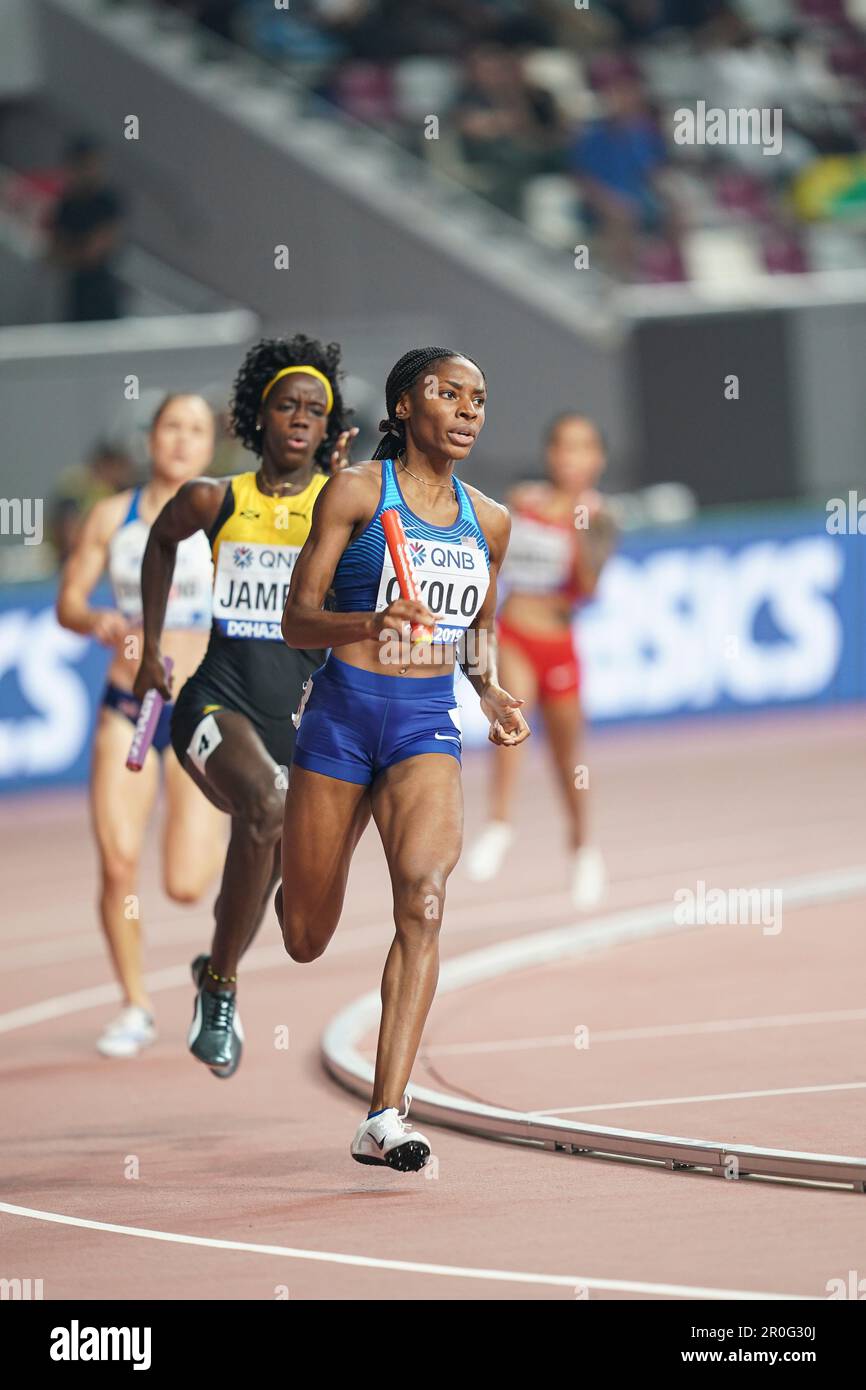 Courtney OKOLO running the 4x400m mixed at the 2019 World Athletics