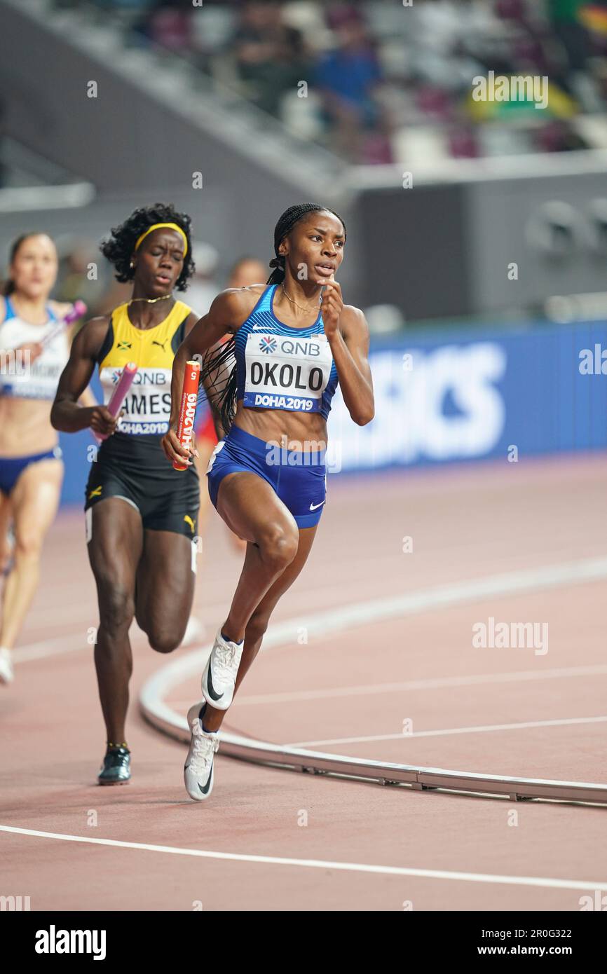 Courtney OKOLO running the 4x400m mixed at the 2019 World Athletics