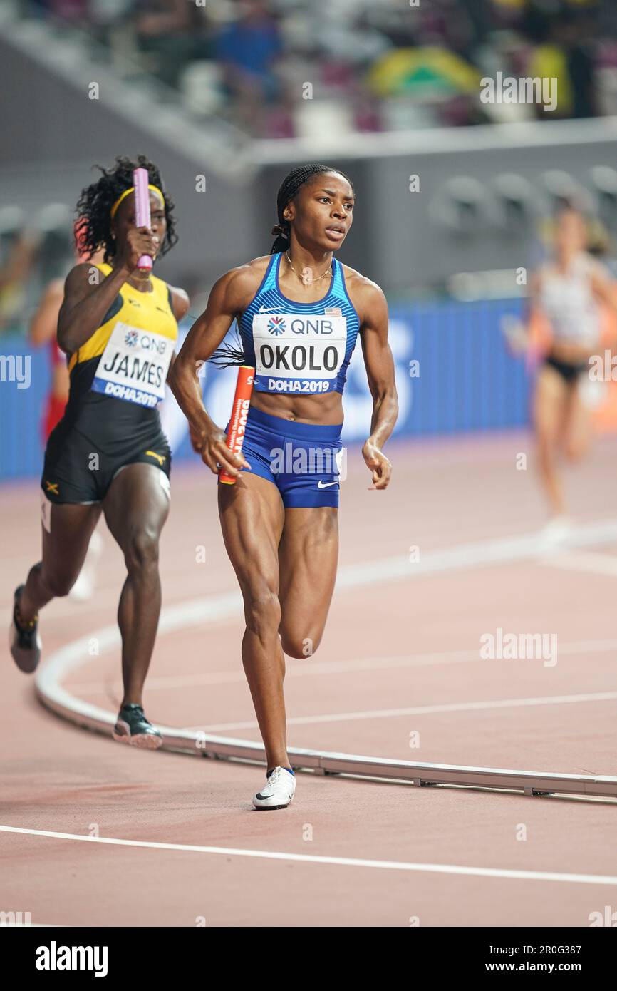 Courtney OKOLO running the 4x400m mixed at the 2019 World Athletics