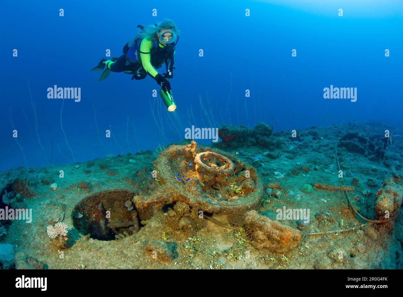 Diver and Hatch of USS Apogon Submarine, Marshall Islands, Bikini Atoll, Micronesia, Pacific Ocean Stock Photo