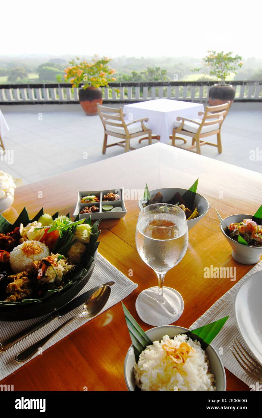 Nasi Campur, indonese breakfast on the terrace of Amanusa Resort, Nusa Dua, Southern Bali, Indonesia, Asia Stock Photo