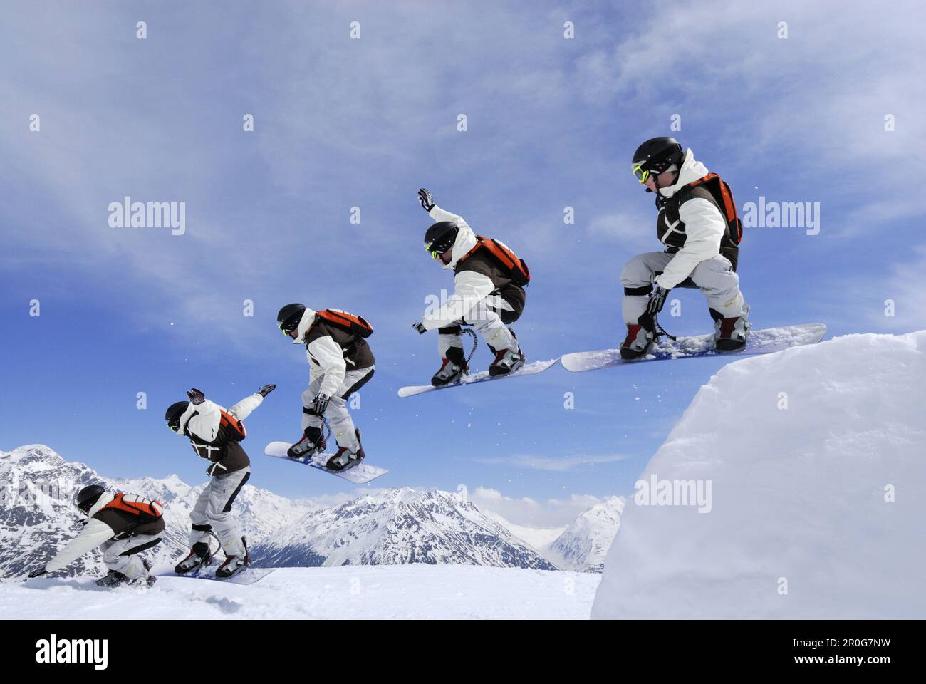 Snowboarder jumping from a kicker, ski area Soelden, Oetztal, Tyrol, Austria Stock Photo Alamy