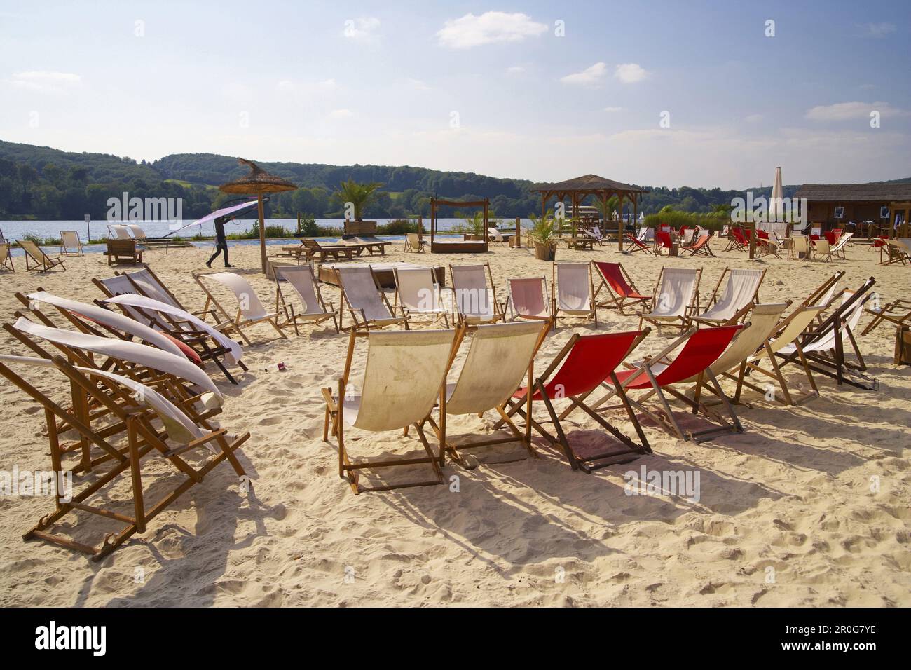 Beach chairs at lakeside, lake Baldeneysee, Essen, Ruhr area, North Rhine-Westphalia, Germany Stock Photo