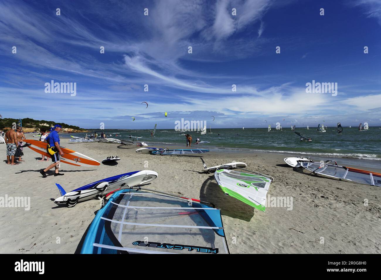 Windsurfing boards lying on beach Playa El Yaque, Isla Margarita, Nueva Esparta, Venezuela Stock Photo