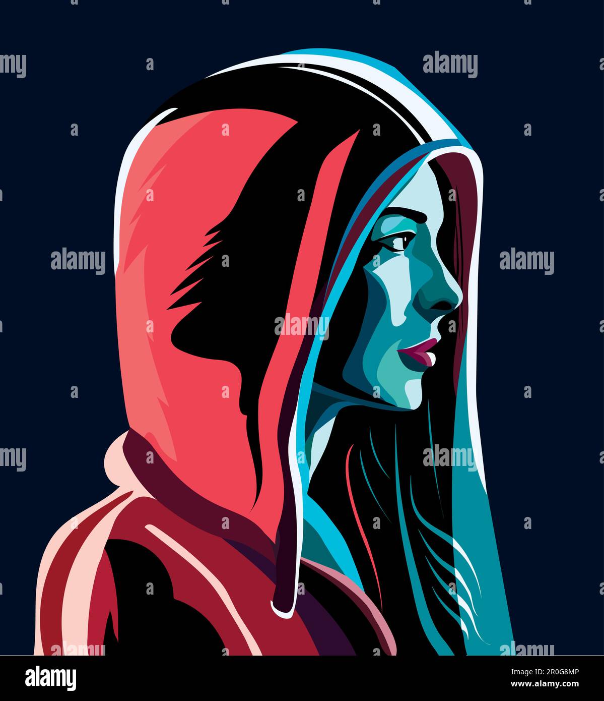 Girl with red hood, lights and blue reflections in the night. Side view. Nightlife. Isolation and indifference. Lifestyle. Social issues. Mistrust Stock Vector