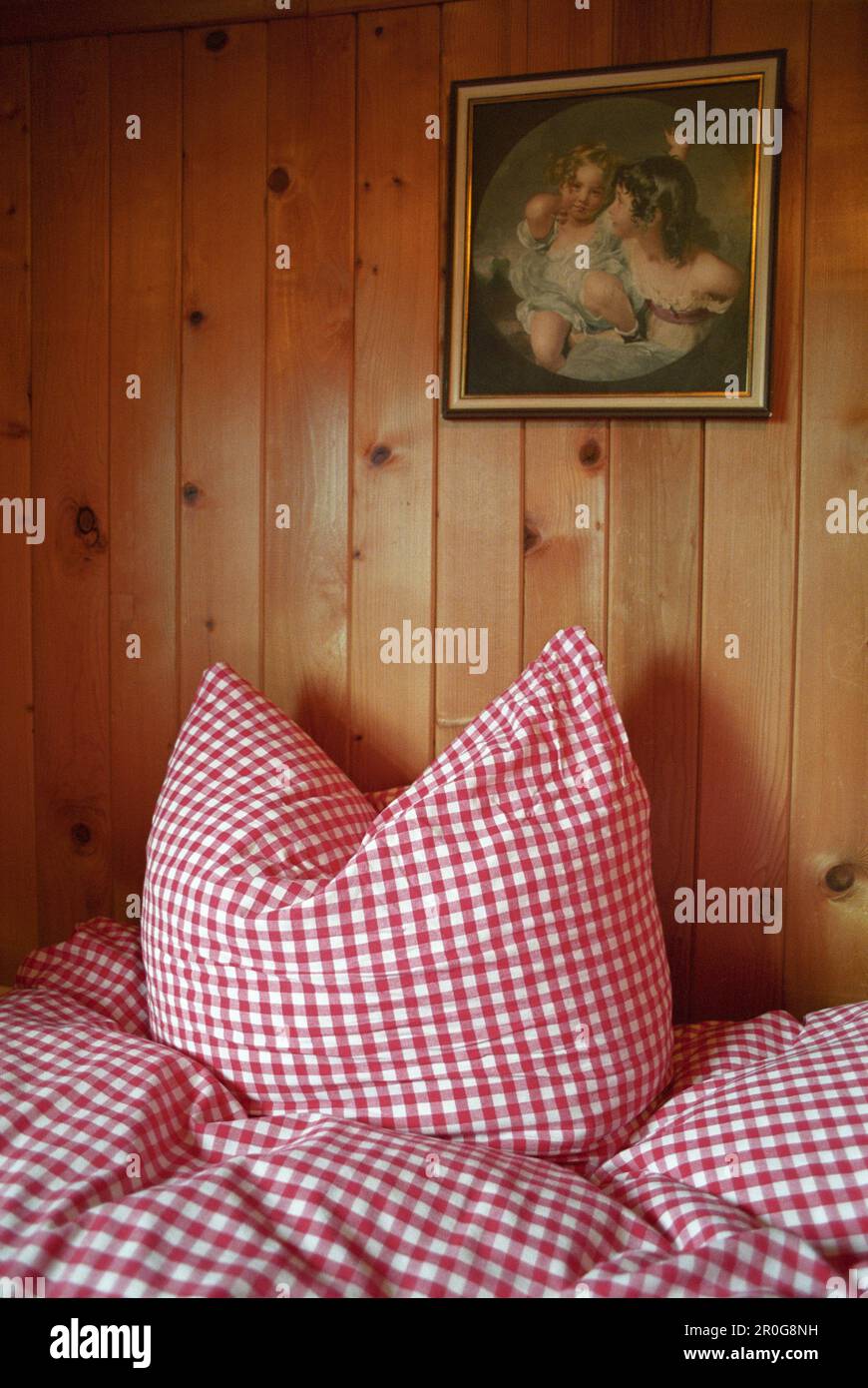 Checked bedclothes, bedding inside an alpine hut, Sleep, Mountain, Alps Stock Photo