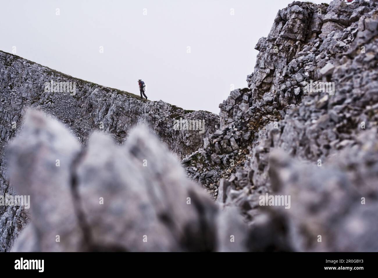 Mountaineer ascending Sonntagkarspitze, Innsbruck, Karwendel range, Tyrol, Austria Stock Photo