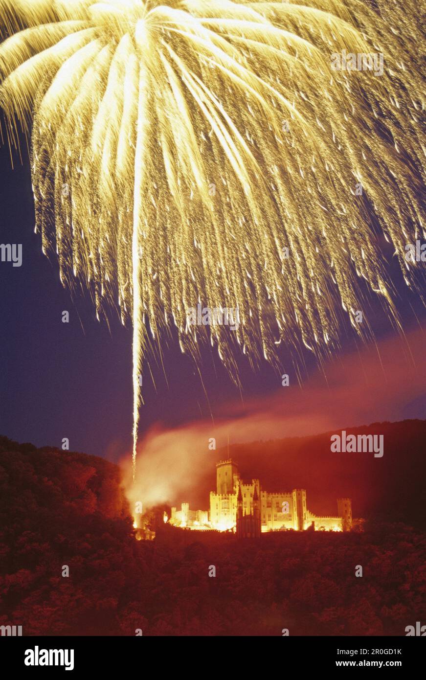 Fireworks near Marksburg castle, Rhein in Flammen, near Koblenz, Rhine, Rhineland-Palatinate, Germany Stock Photo