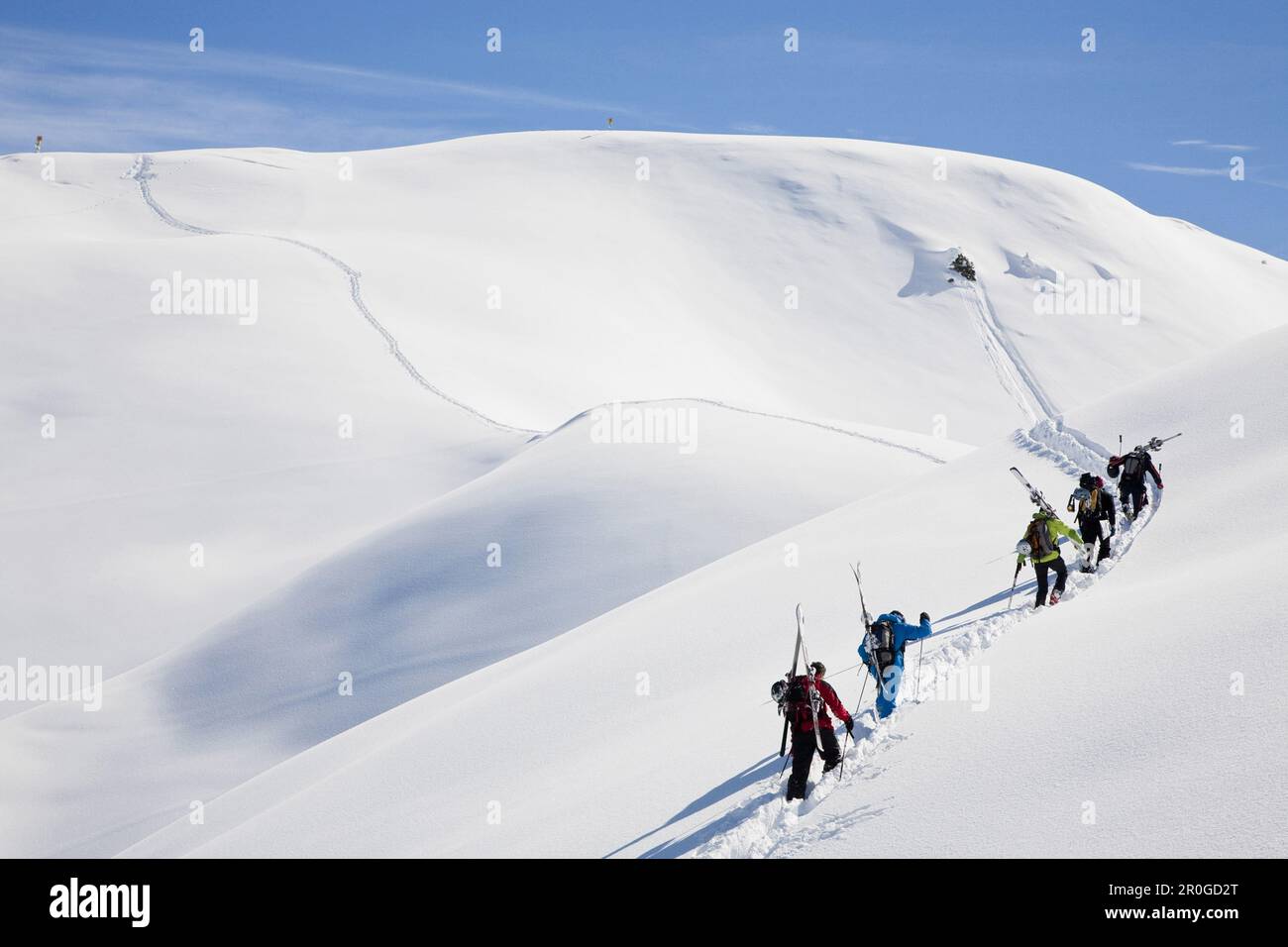 Skiers ascending, Val Segnas, Disentis, Surselva, Grisons, Switzerland Stock Photo