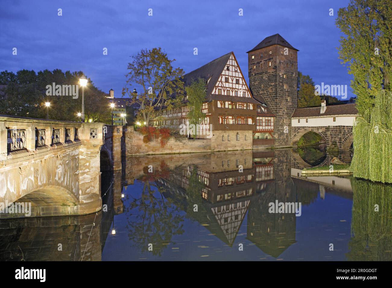 Wine store beside river Pegnitz, Nuremberg, Bavaria, Germany Stock