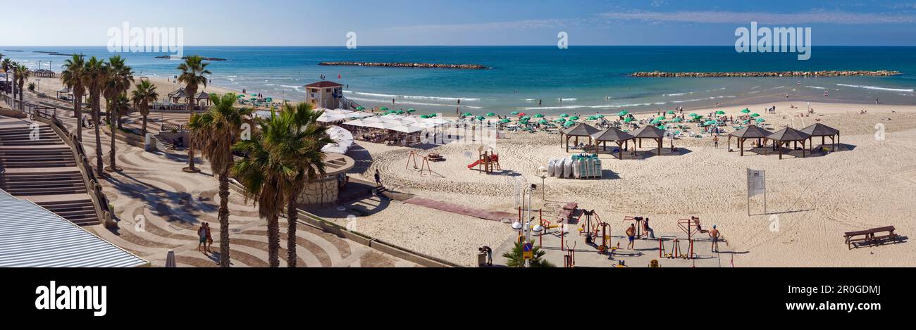 Panorama of Gordon Beach and the Tayelet seaside promenade, Tel Aviv, Israel, Middle East Stock Photo