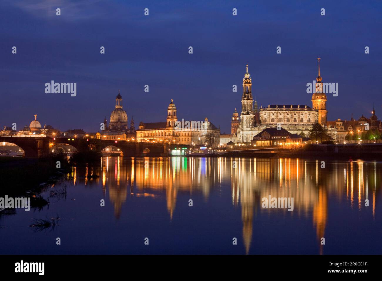 City view with Elbe River, Augustus Bridge, Lipsius building, Frauenkirche, Church of our Lady, Ständehaus, town hall tower, Hofkirche and Hausmannstu Stock Photo