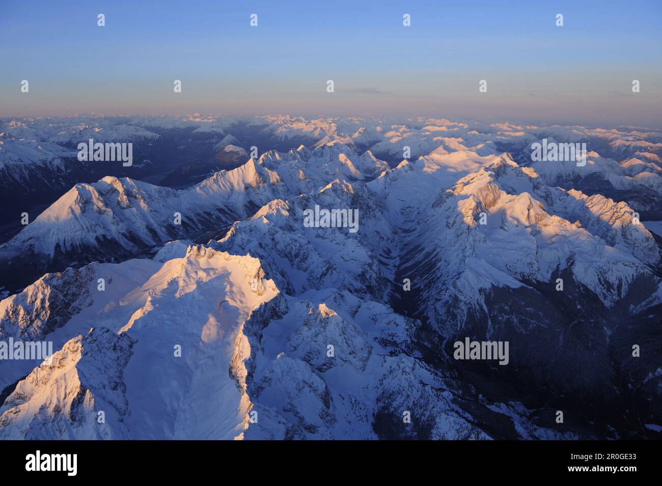 Mieming range and Wetterstein range with Hohe Munde, Reintal, Alpspitze, Jubilaeumsgrat and Zugspitze, Stubai range and Lechtal range in background, a Stock Photo